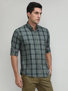 Lake Green Slim Fit Premuim Cotton Checks Shirt With Button Down Collar & Pocket