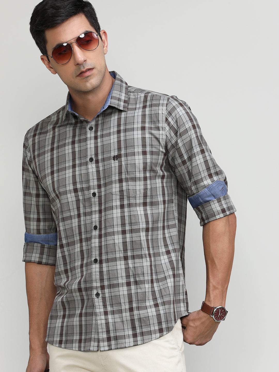 Light Brown Slim Fit Premuim Cotton Checks Shirt With Regular Pocket