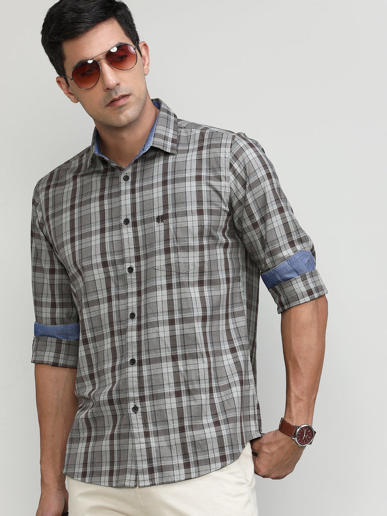 Light Brown Slim Fit Premuim Cotton Checks Shirt With Regular Pocket