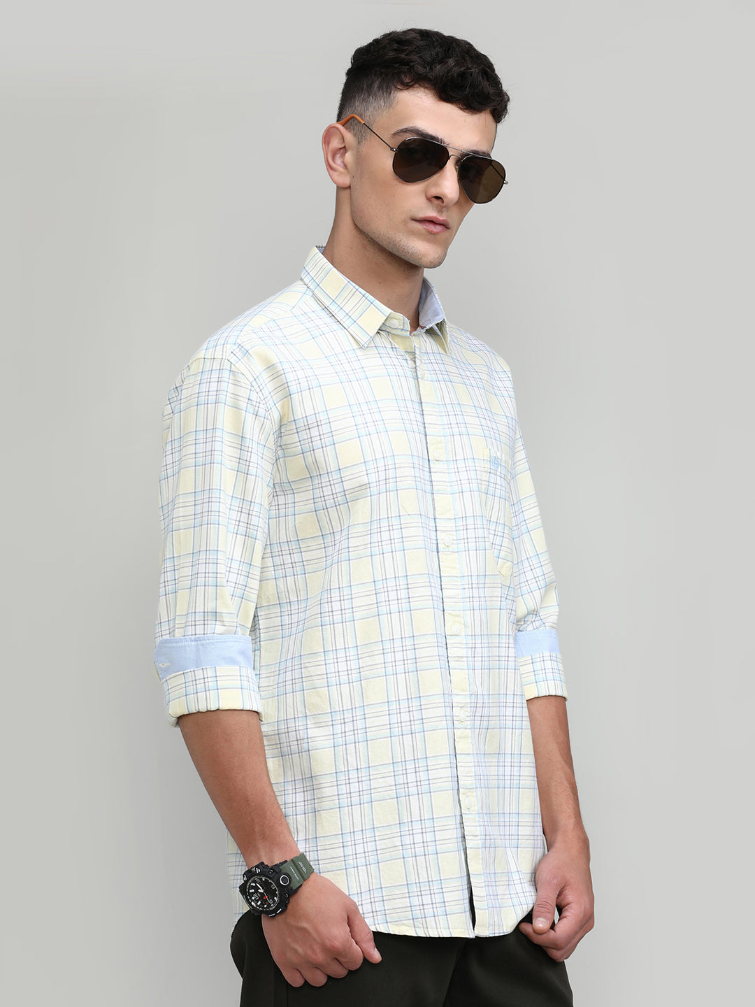 Lime Shade Slim Fit Premuim Cotton Checks Shirt With Regular Pocket