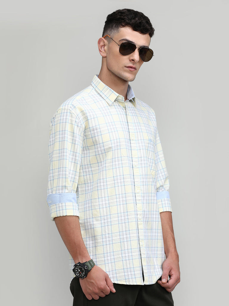 Lime Shade Slim Fit Premuim Cotton Checks Shirt With Regular Pocket