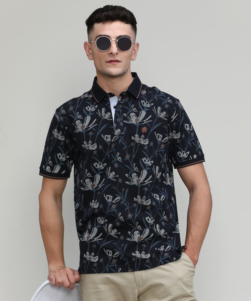 Navy Pique Cotton Lycra Printed Polo T-shirt