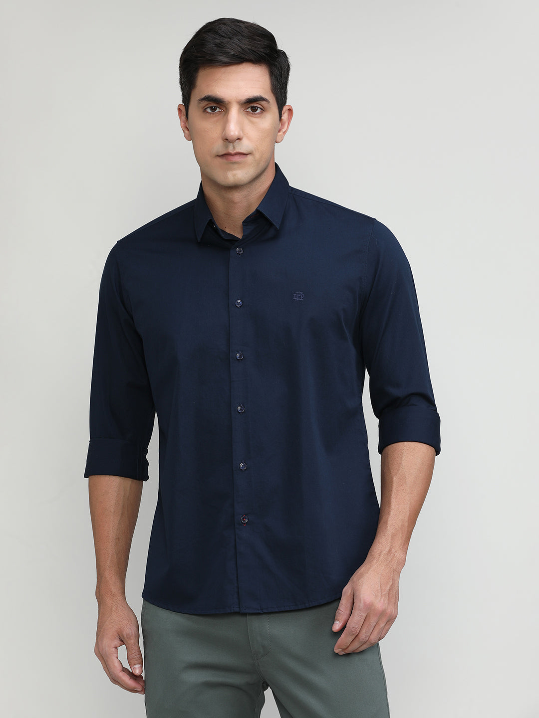 Navy Slim Fit Premuim Cotton Solid Shirt With Bone Collar