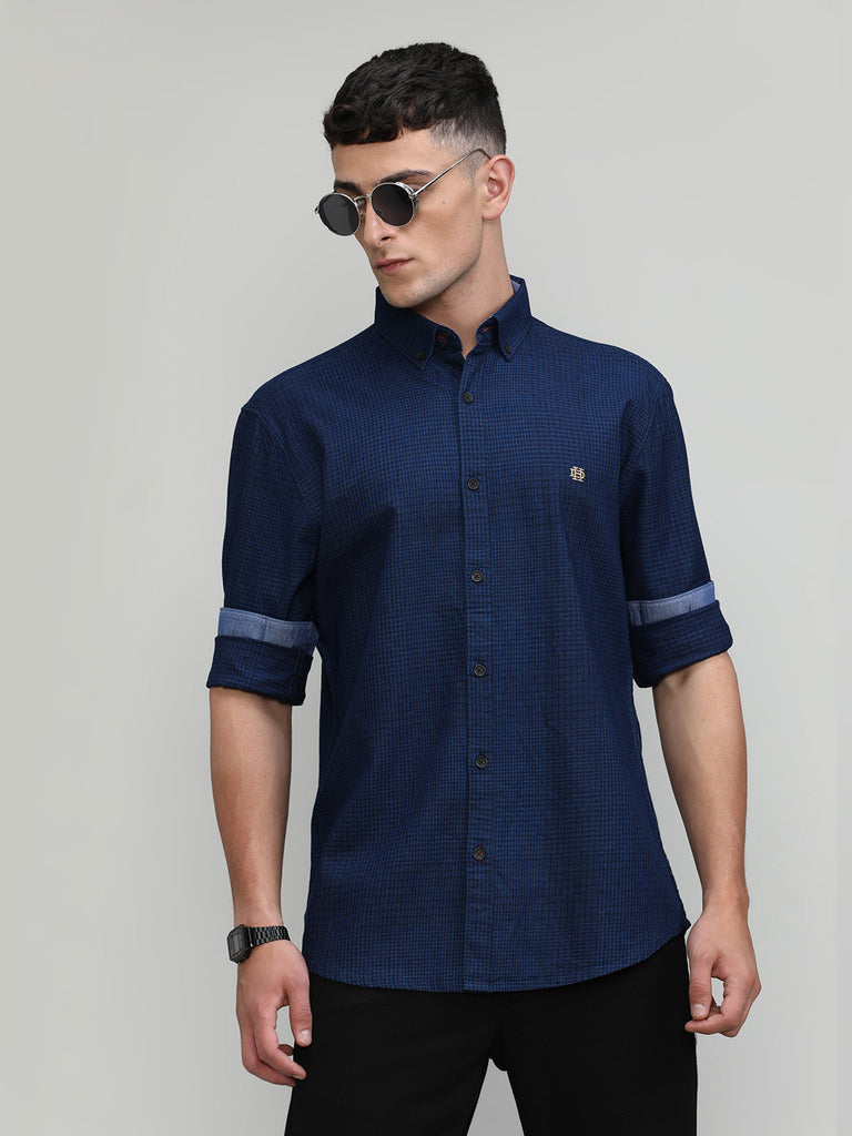 True Blue Slim Fit Premuim Cotton Checks Shirt With Button Down Collar