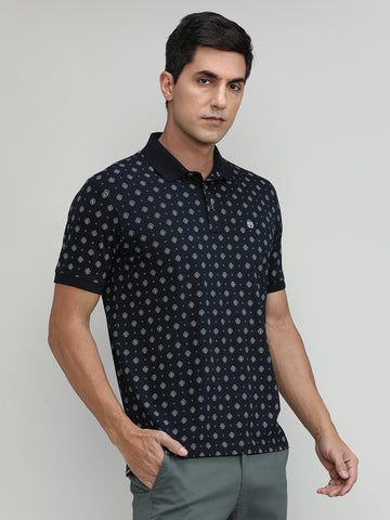 Black Jersey Cotton Lycra Printed Polo T-shirt