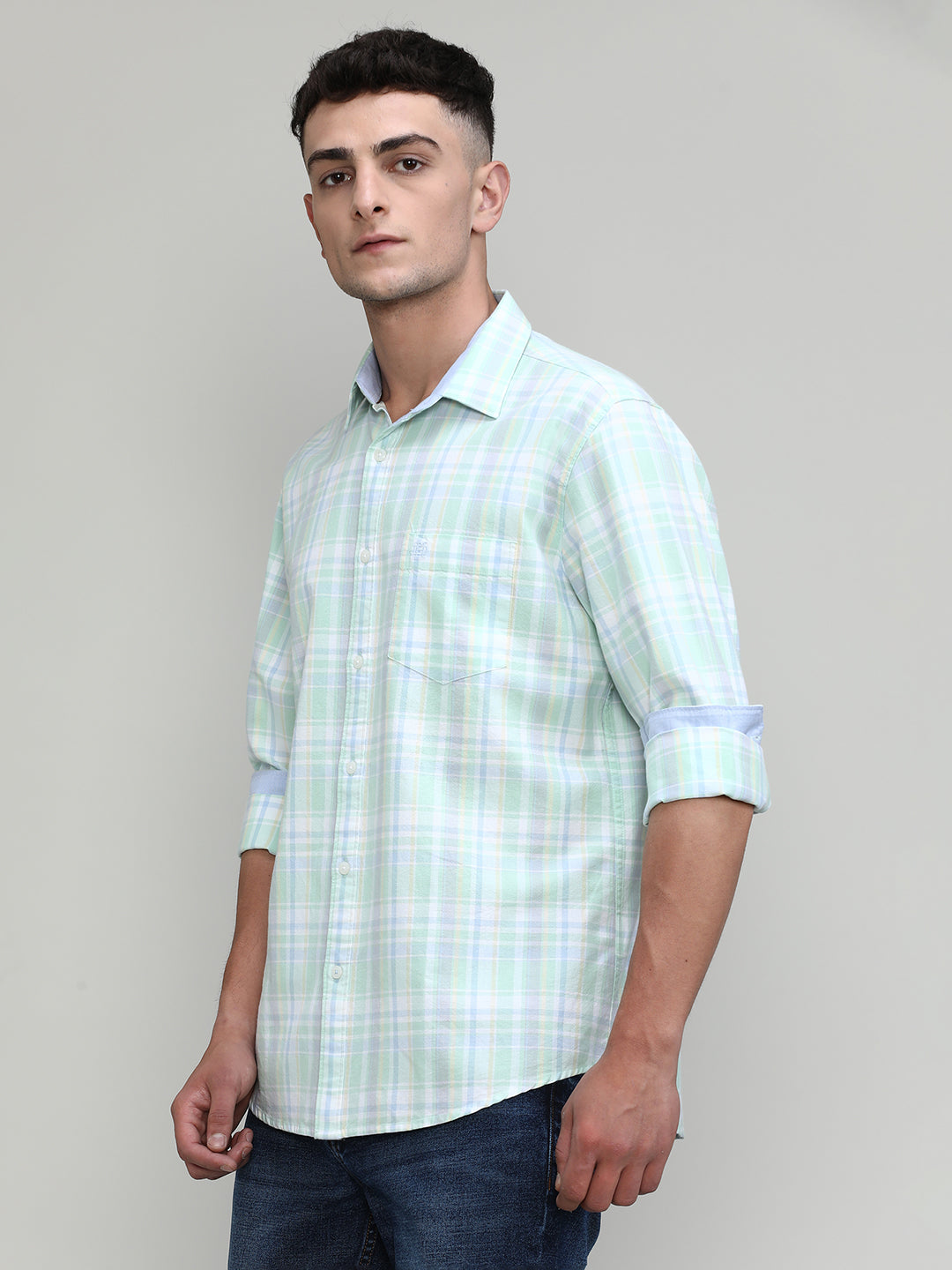 Fresh Mint Slim Fit Premuim Cotton Checks Shirt With Regular Pocket-SS25