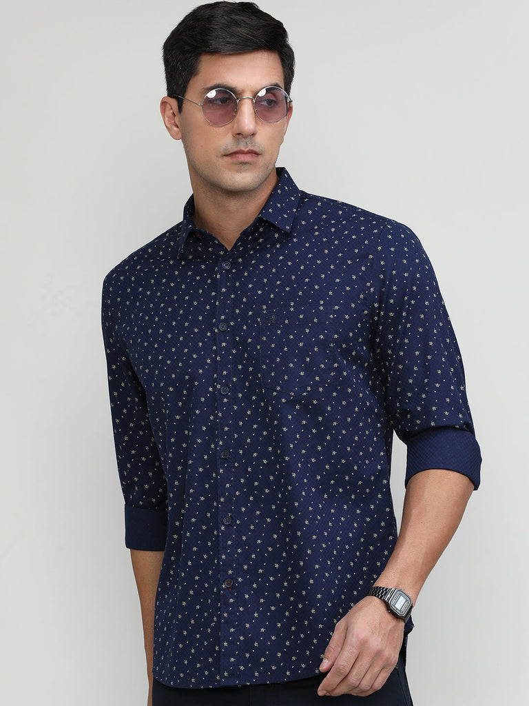 Navy Slim Fit Premium Cotton Printed Shirt