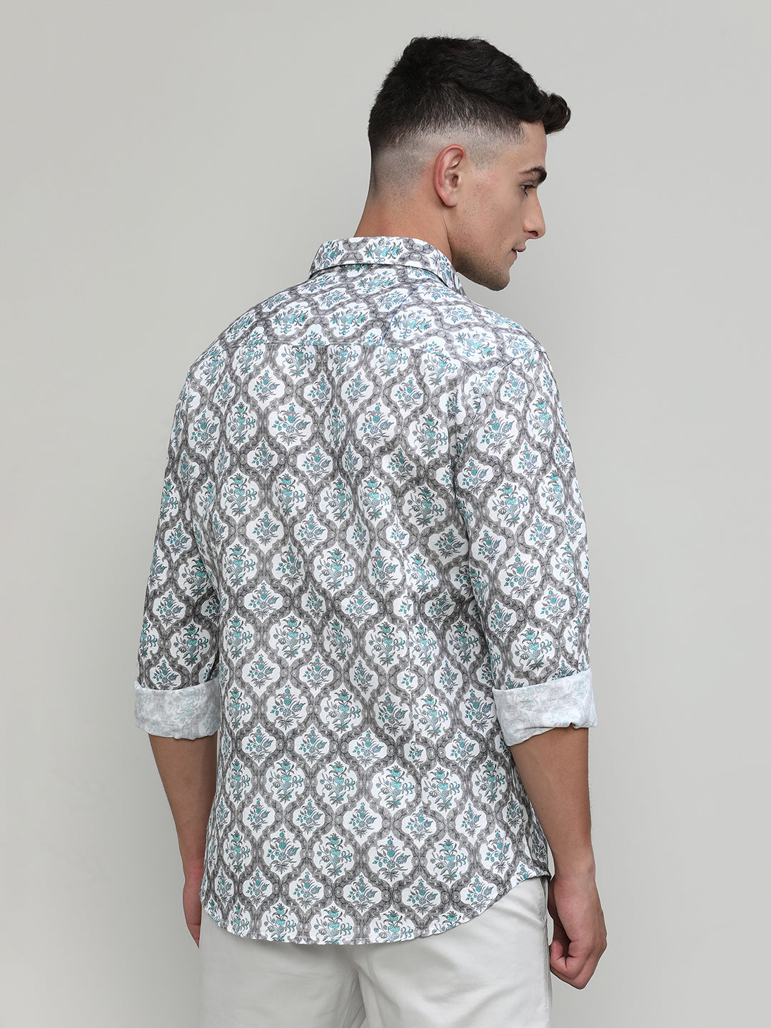 Exclusive Purple Collection Beige Slim Fit Printed Premium Cotton Linen Shirt