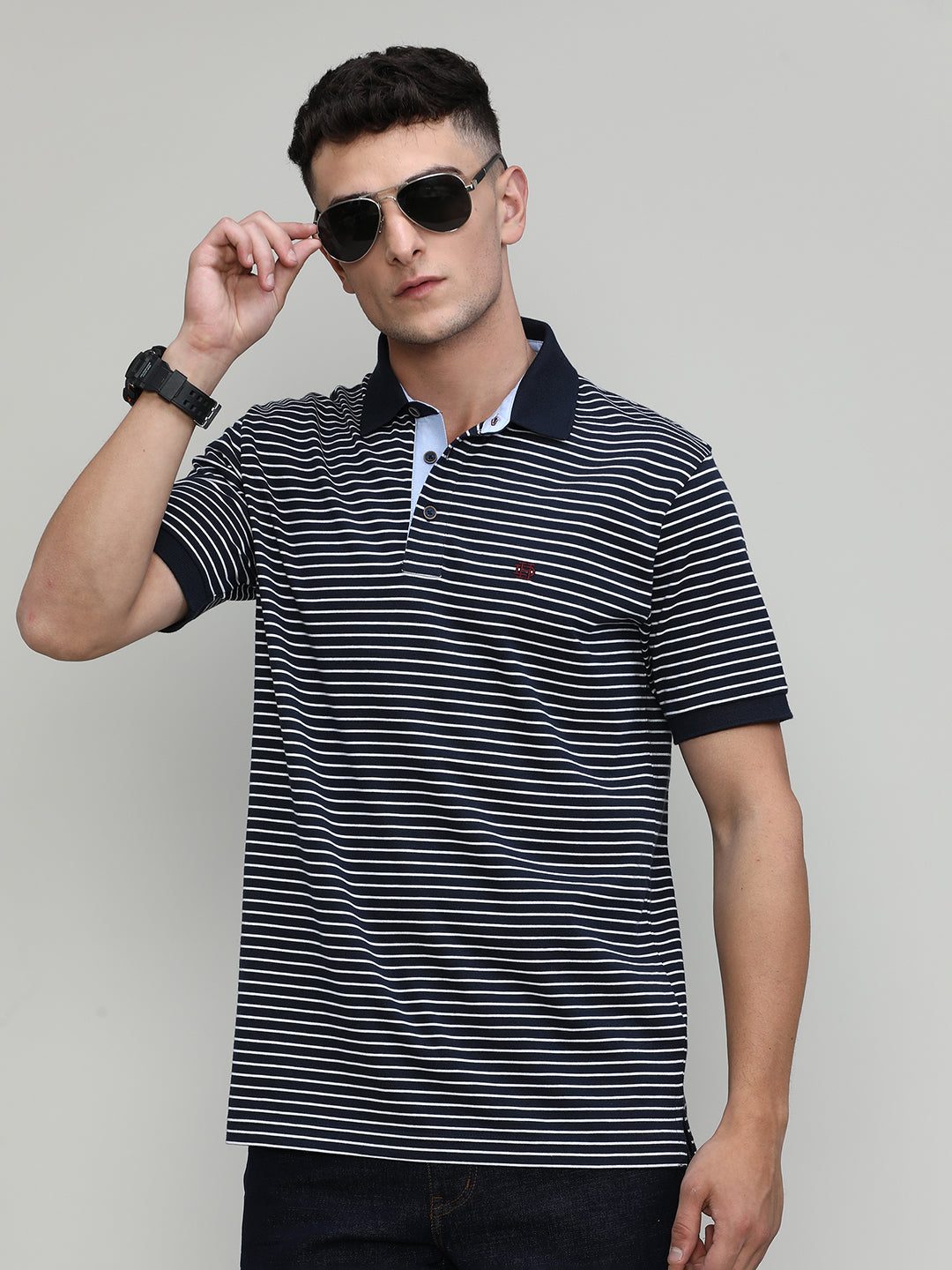 Navy Jersey Cotton Lycra Stripes Polo T-shirt