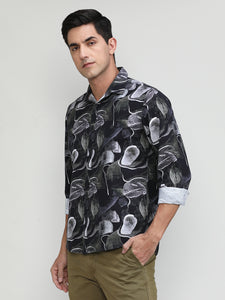 Black Slim Fit Premuim Cotton Printed Shirt With Bone Collar