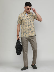 Desert Sand Pique Cotton Lycra Printed Polo T-shirt
