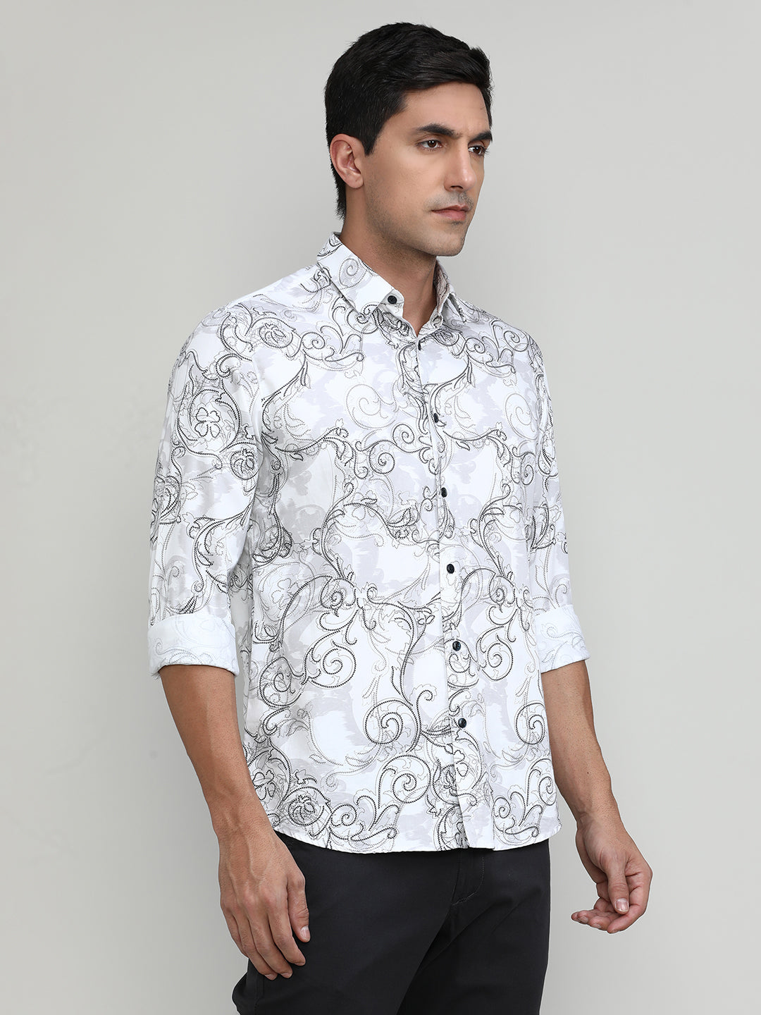 Exclusive Purple Collection White Slim Fit Printed Premium Cotton Shirt