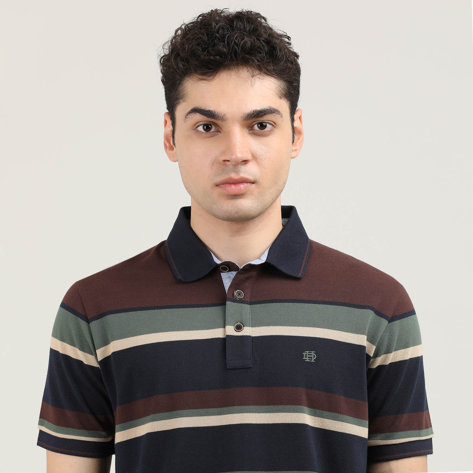 Navy Blue and Brown Pique Striped Polo T-shirt