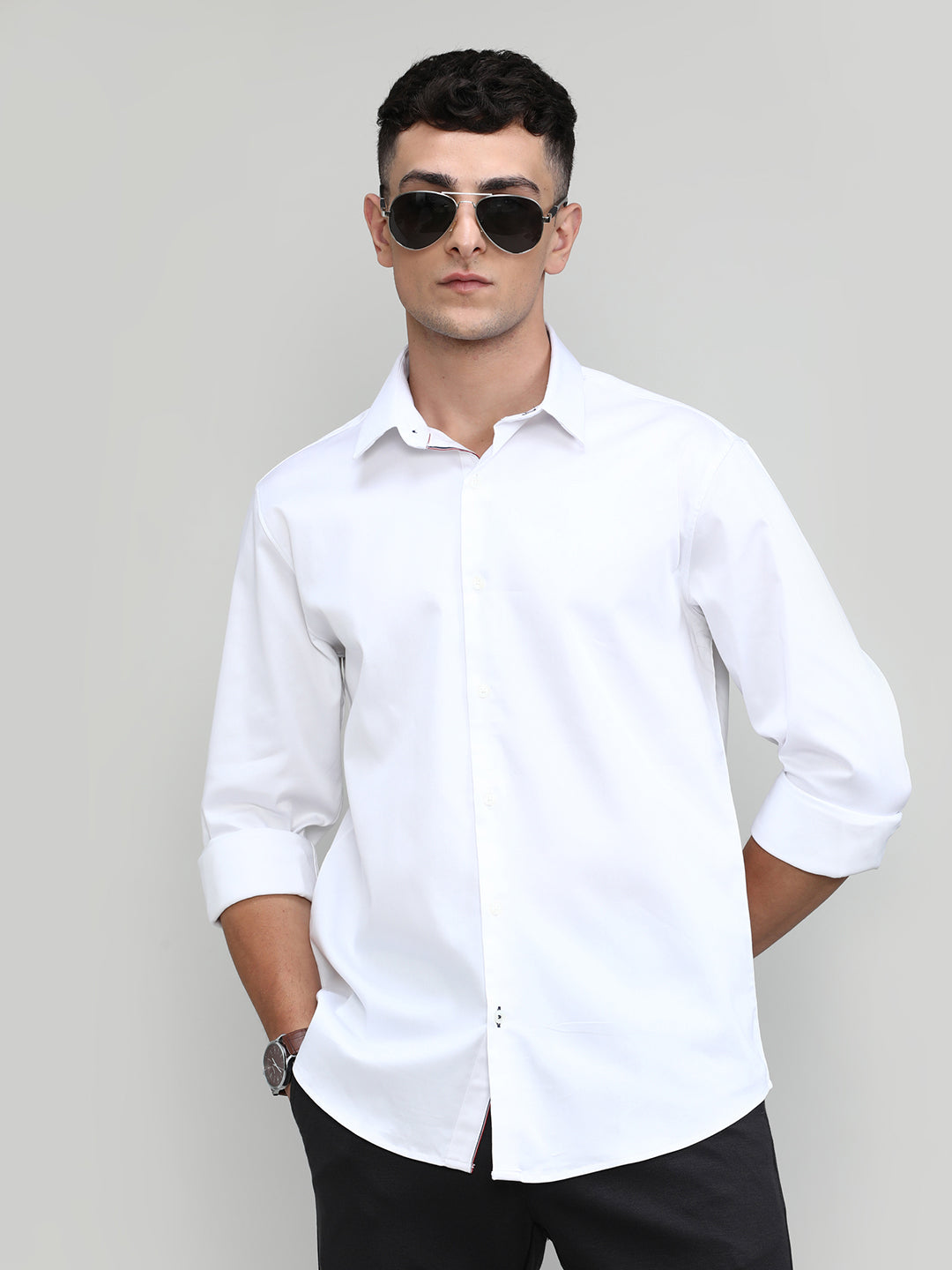 White Slim Fit Premium Satin Cotton Lycra Solid Shirt-SS25