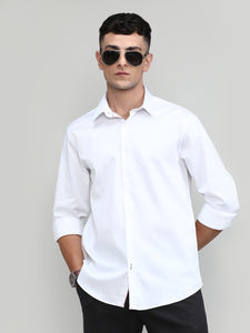 White Slim Fit Premium Satin Cotton Lycra Solid Shirt-SS25