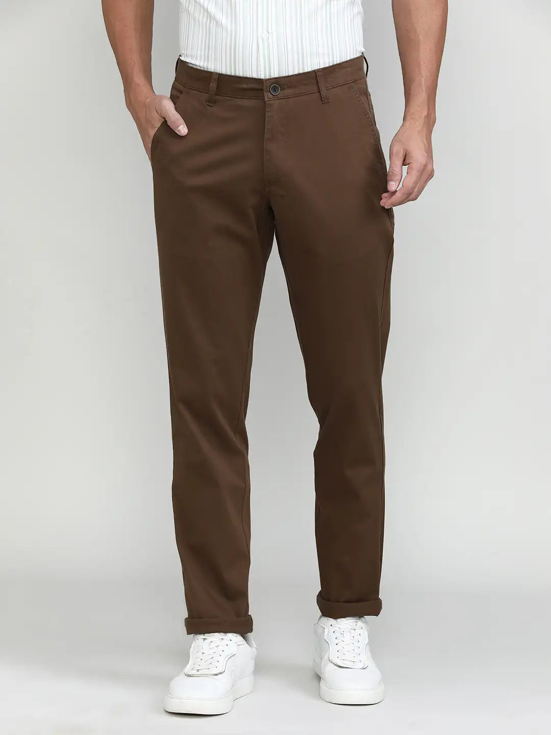 Brown Cotton Trousers Slim Tapered Fit
