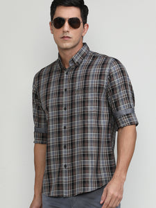 Wood Slim Fit Premuim Cotton Checks Shirt With Button Down Collar & Pocket