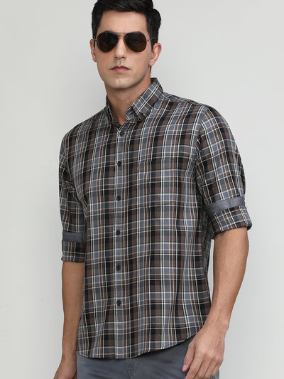 Wood Slim Fit Premuim Cotton Checks Shirt With Button Down Collar & Pocket