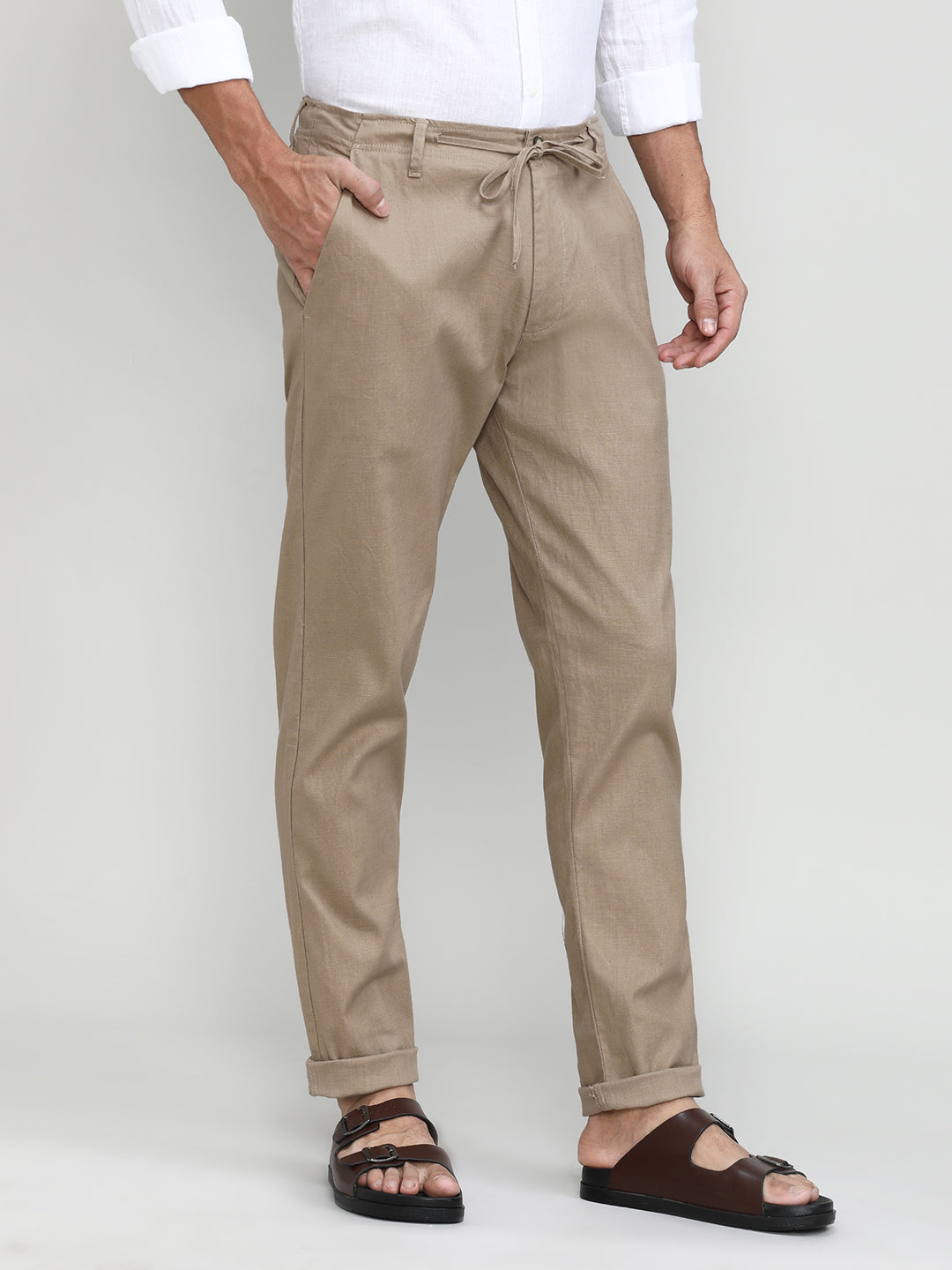 Khaki Cotton Travel Trousers Slim Tapered Fit