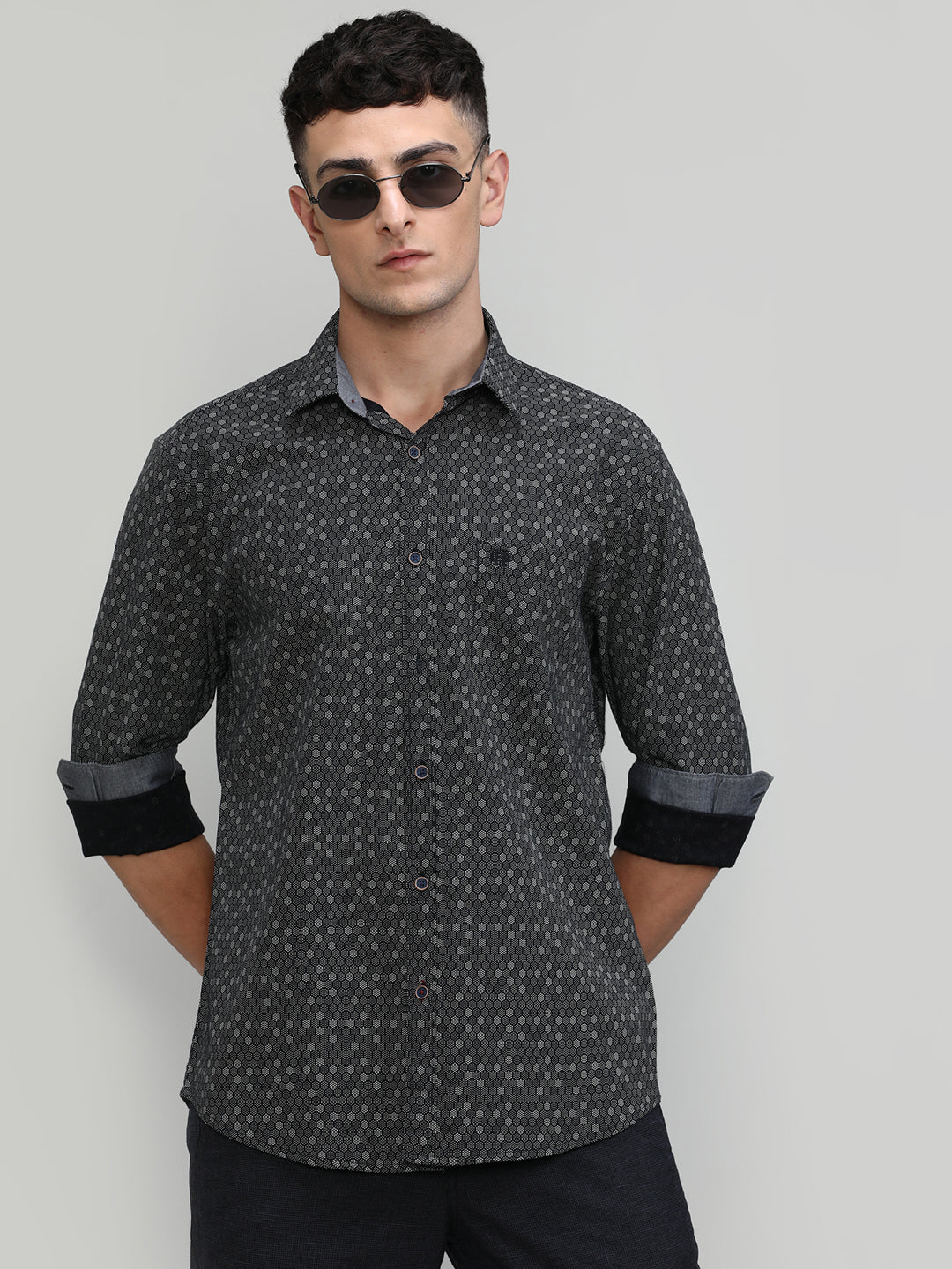 Black Slim Fit Premium Cotton Printed Shirt With Pocket-SS25