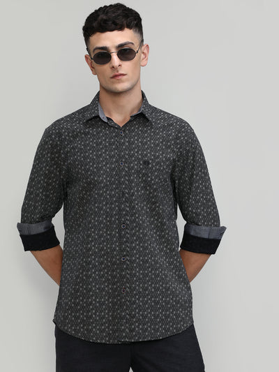 Black Slim Fit Premium Cotton Printed Shirt With Pocket-SS25