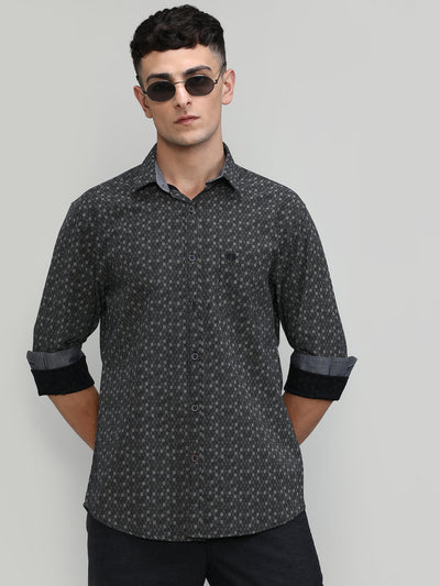 Black Slim Fit Premium Cotton Printed Shirt With Pocket