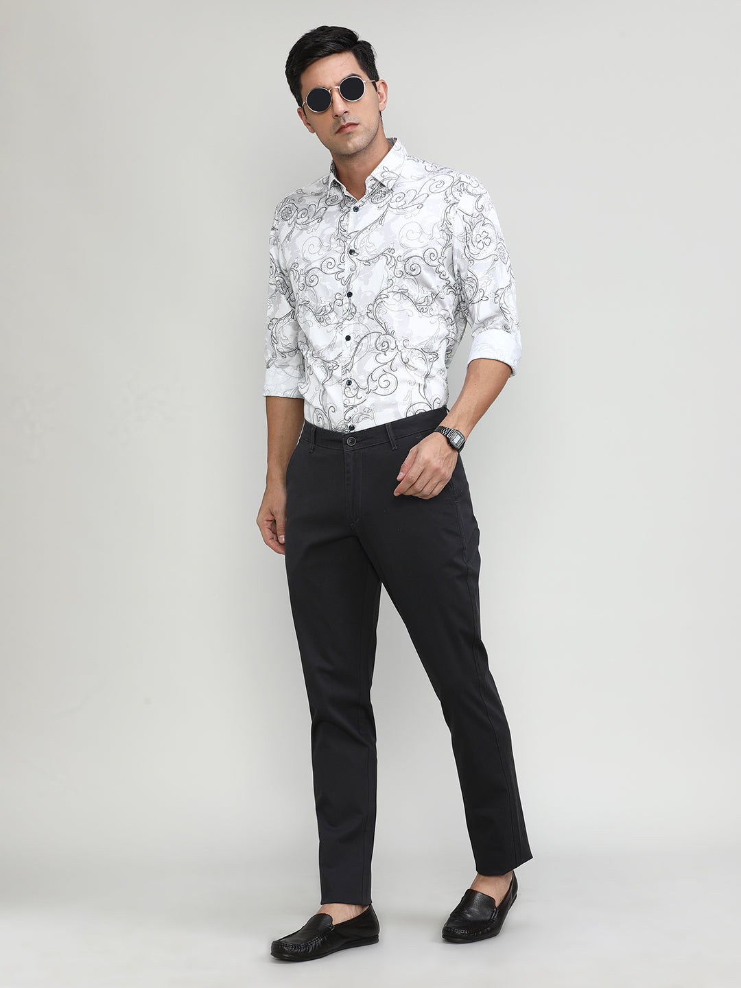 Exclusive Purple Collection White Slim Fit Printed Premium Cotton Shirt