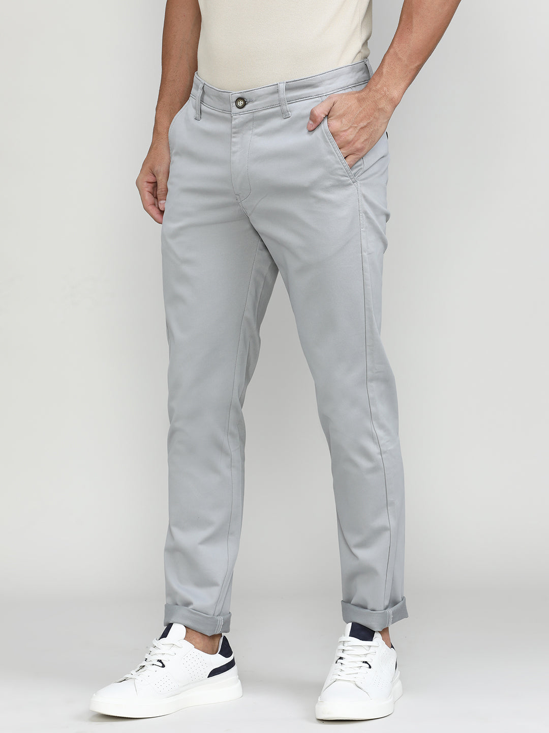 Light Grey Cotton Trousers Slim Tapered Fit