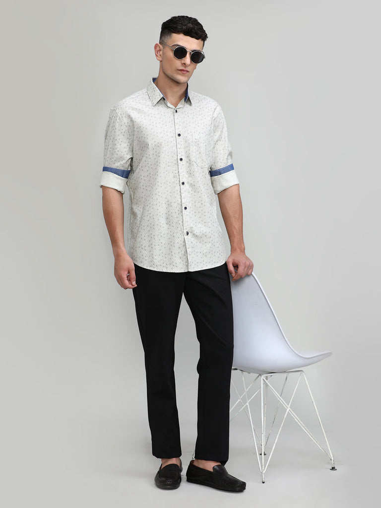 Beige Slim Fit Premium Cotton Printed Shirt With Pocket