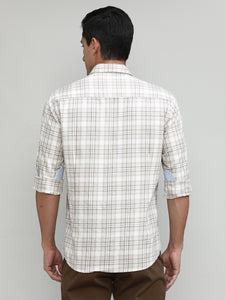Beige Slim Fit Premuim Cotton Checks Shirt With Bone Collar & Pocket