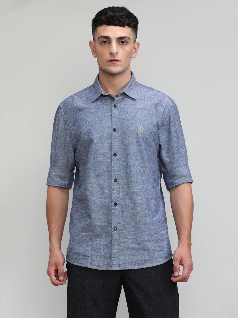 Navy Slim Fit Premium Cotton Lycra Solid Shirt