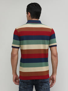 Maroon Pique Cotton Lycra Stripes Polo T-shirt