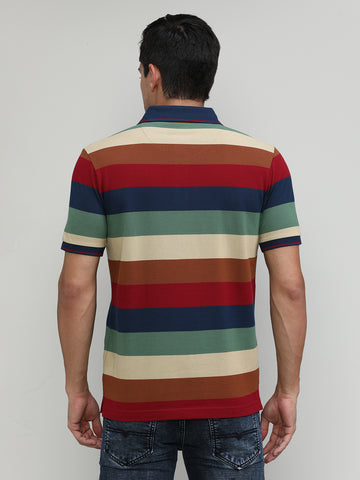 Maroon Pique Cotton Lycra Stripes Polo T-shirt