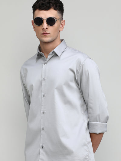 Grey Slim Fit Premium Satin Cotton Lycra Solid Shirt-SS25