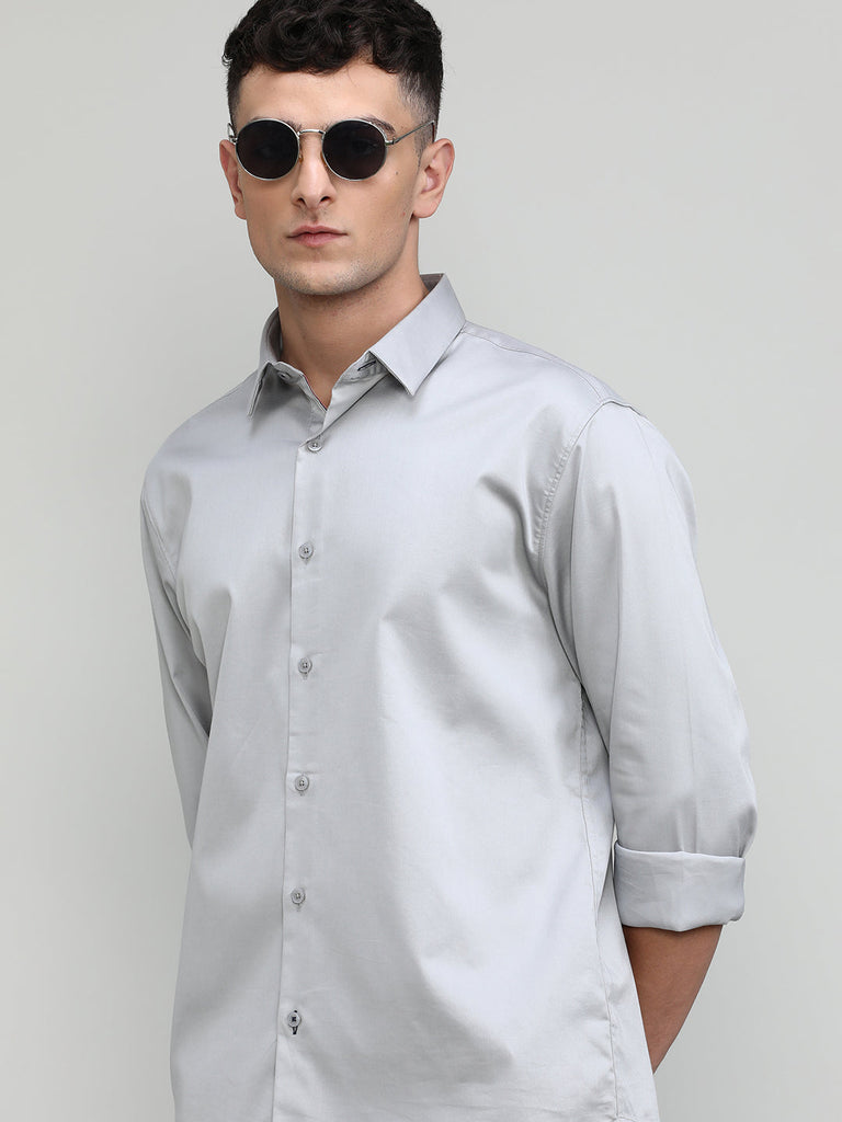 Grey Slim Fit Premium Satin Cotton Lycra Solid Shirt
