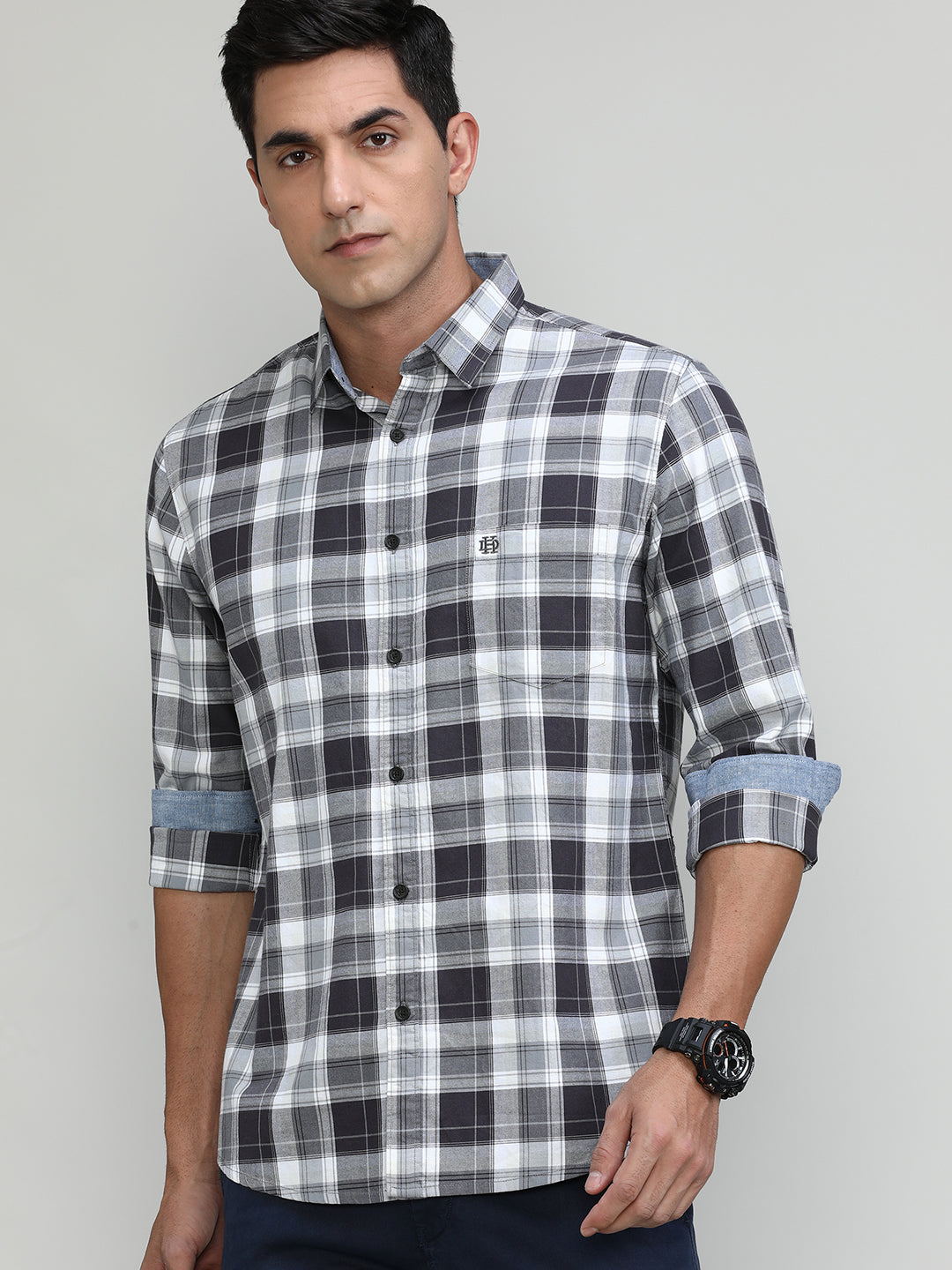 Charcoal Slim Fit Premuim Cotton Checks Shirt With Bone Collar & Pocket