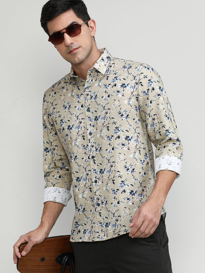 Exclusive Purple Collection Khaki Slim Fit Printed Premium Cotton Linen Shirt