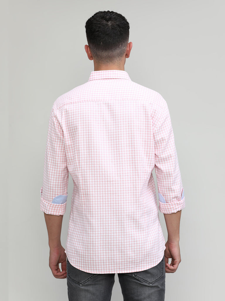 Pink Slim Fit Premuim Cotton Button Down Collar Checks Shirt