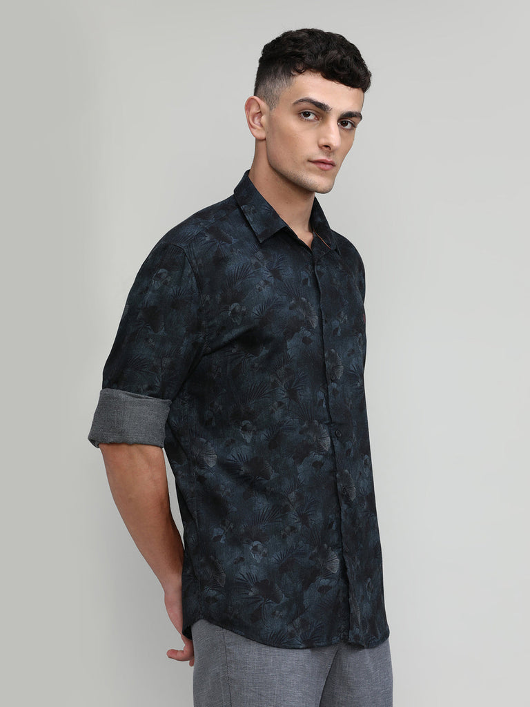 Black Slim Fit Premium Cotton Printed Shirt