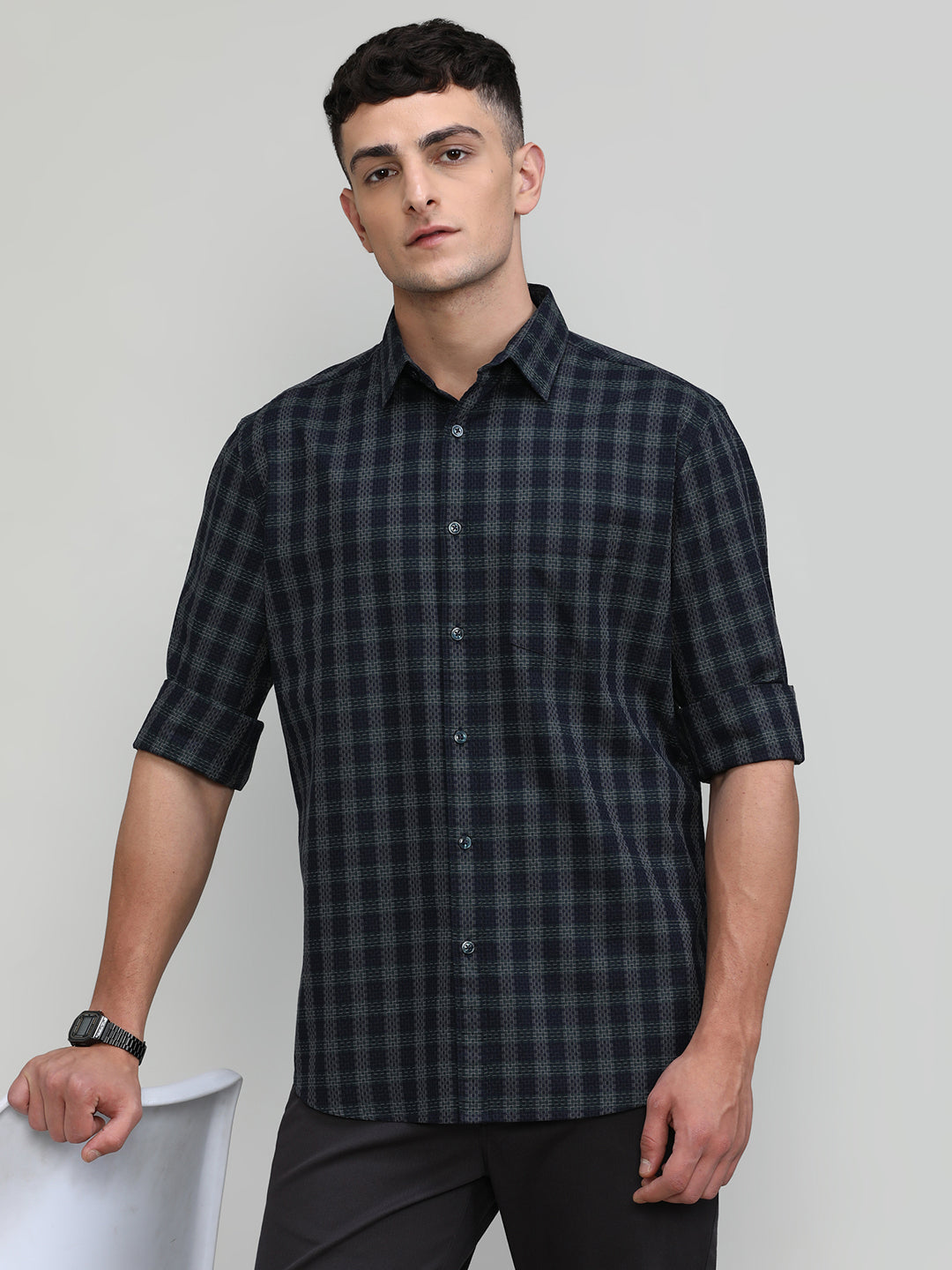 Exclusive Purple Collection Dark Navy Slim Fit Premium Cotton Checks Shirt