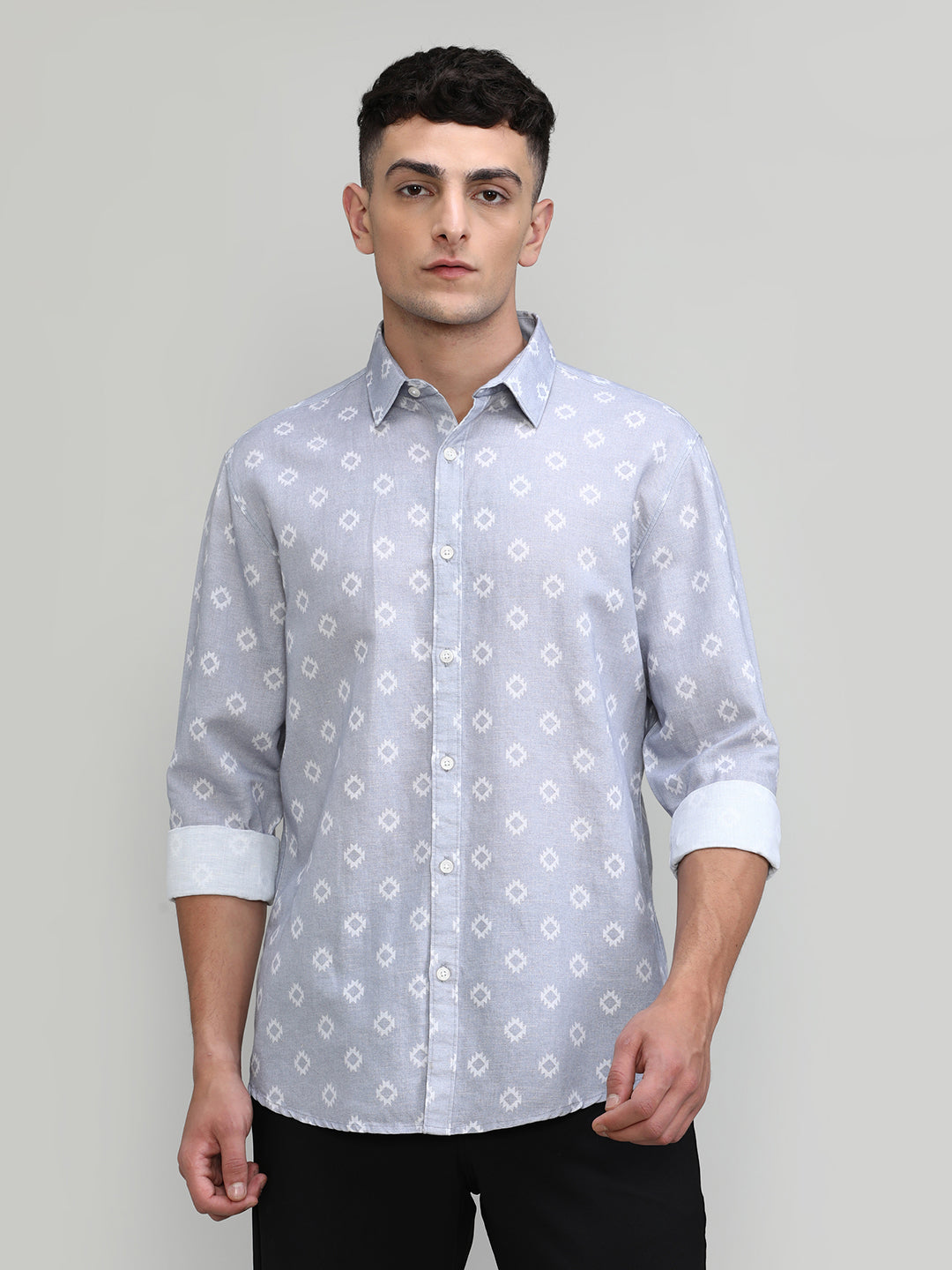 Exclusive Purple Collection Light Grey Slim Fit Printed Premium Cotton Linen Shirt