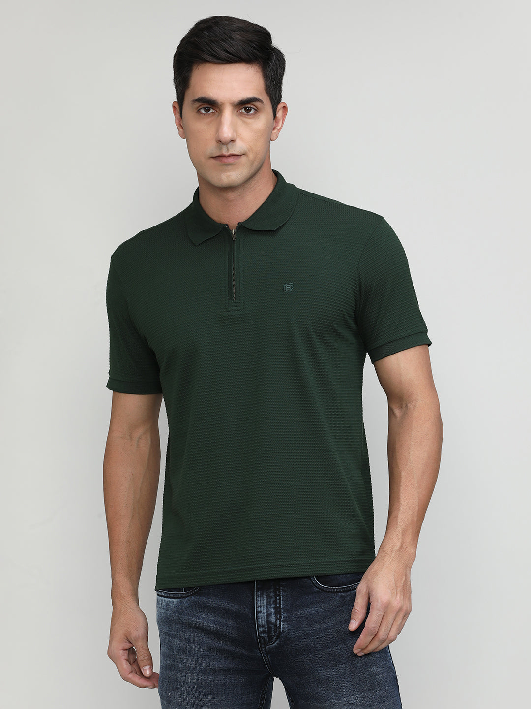 Bottle Green Popcorn Weave Cotton Lycra Solid Polo T-shirt