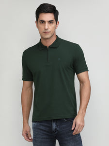 Bottle Green Popcorn Weave Cotton Lycra Solid Polo T-shirt
