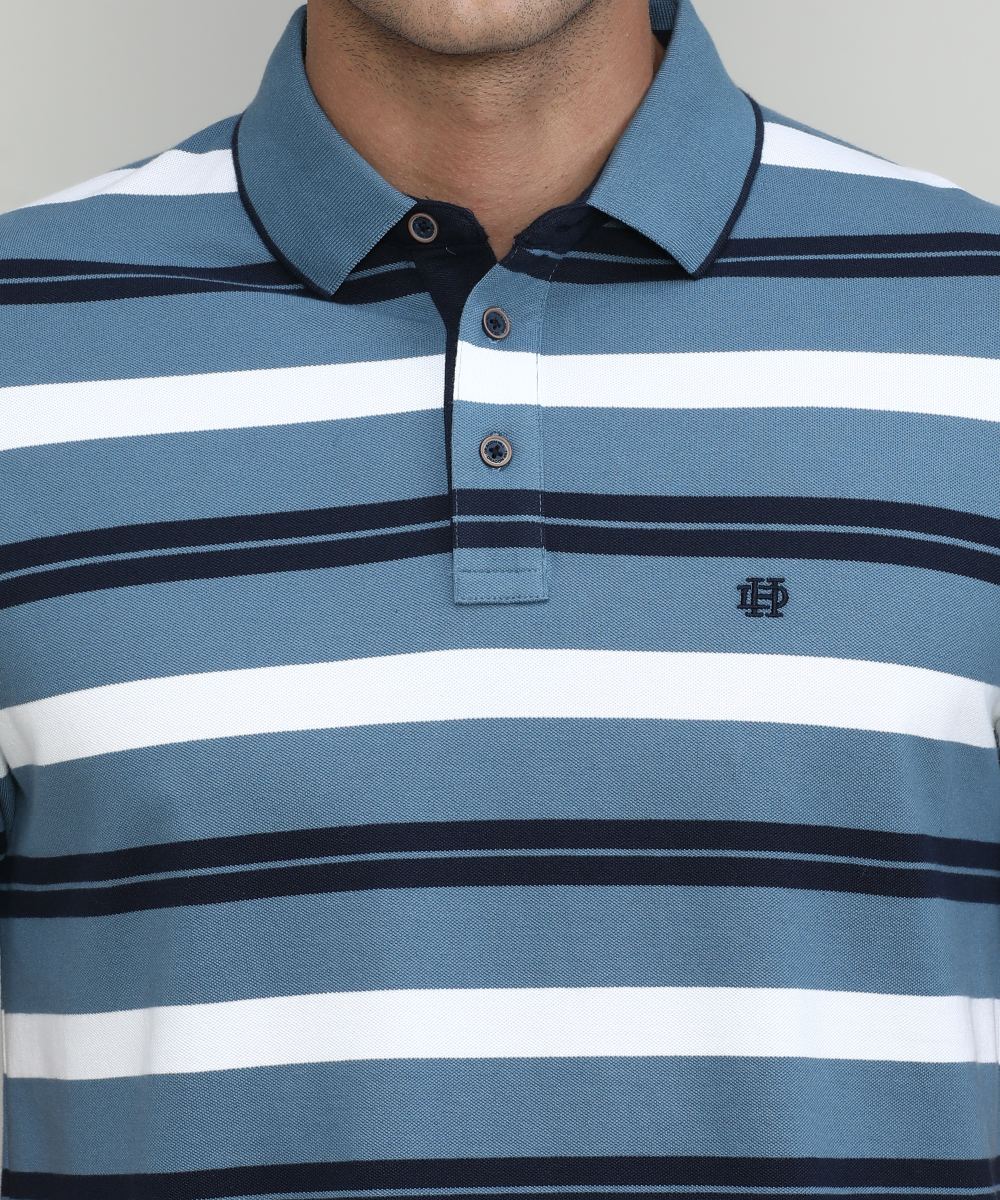AF Blue Pique Cotton Lycra Stripes Polo T-shirt