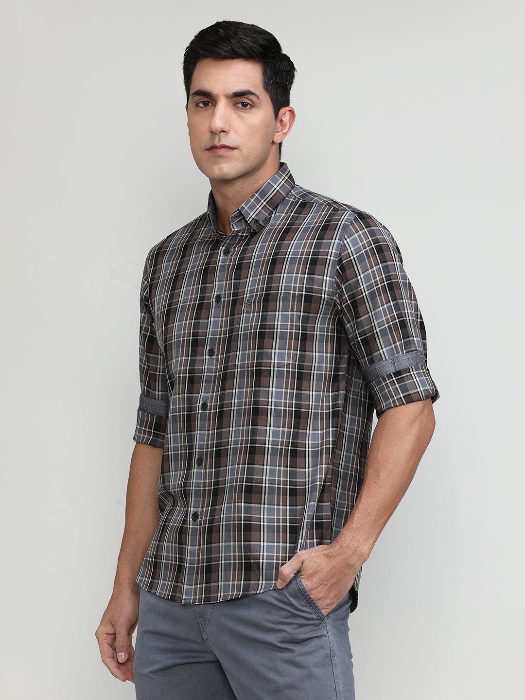Wood Slim Fit Premuim Cotton Checks Shirt With Button Down Collar & Pocket