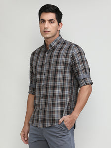 Wood Slim Fit Premuim Cotton Checks Shirt With Button Down Collar & Pocket