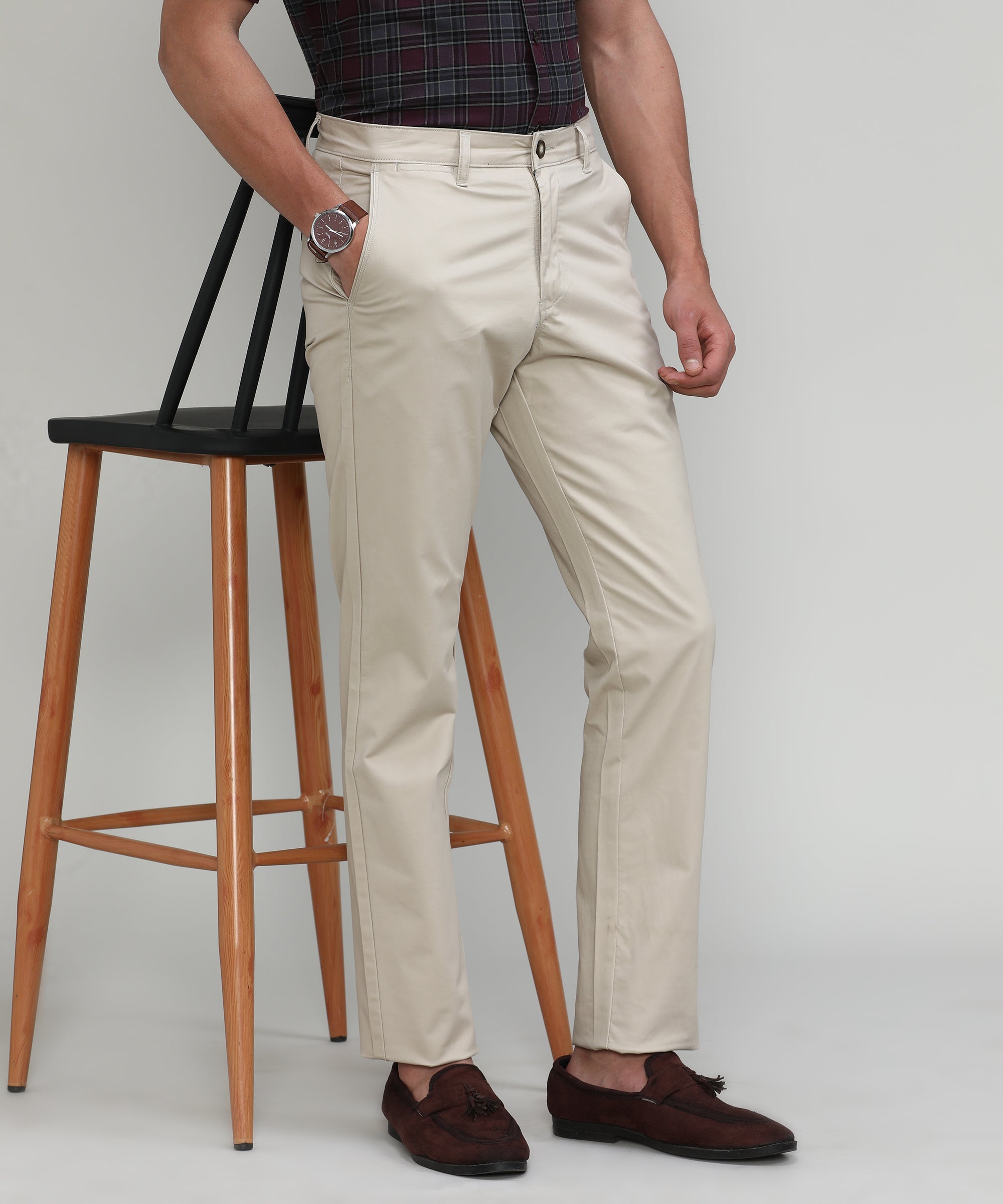 Light Khaki Cotton Trousers Slim Tapered Fit