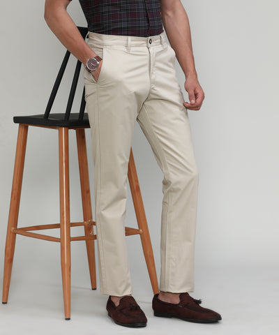 Light Khaki Cotton Trousers Slim Tapered Fit