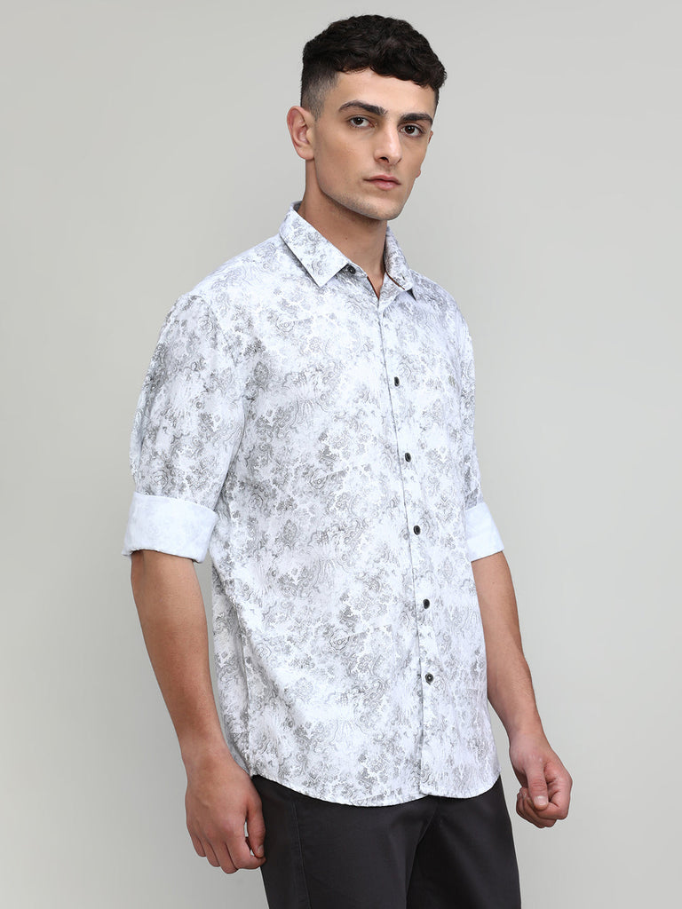 White Slim Fit Premium Cotton Printed Shirt