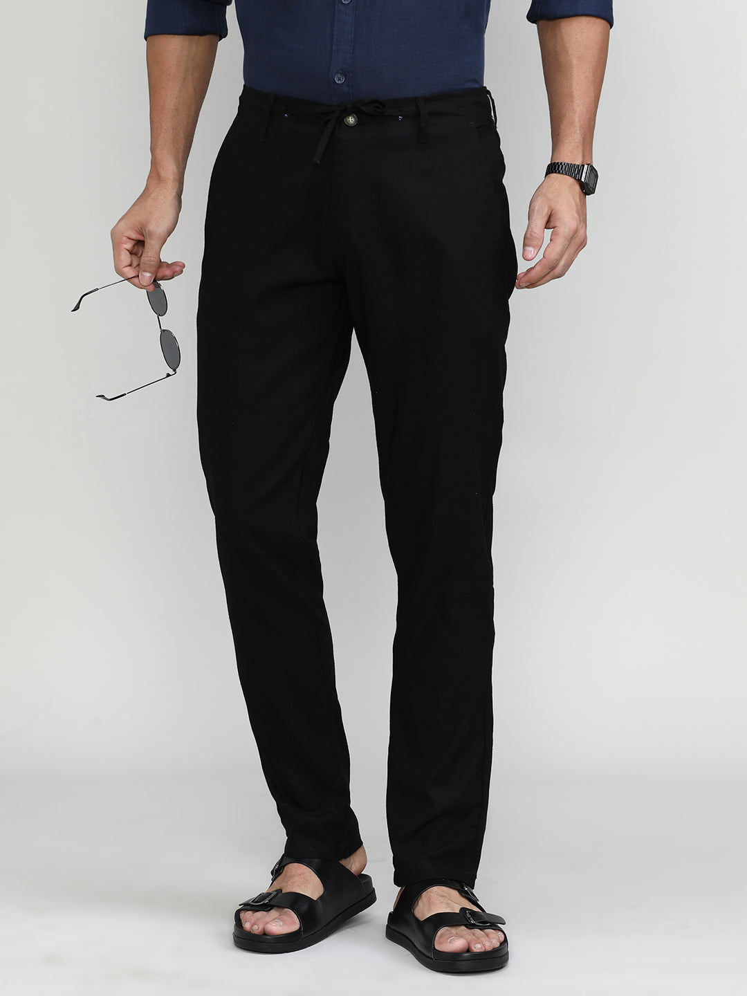 Black Cotton Travel Trousers Regular Fit